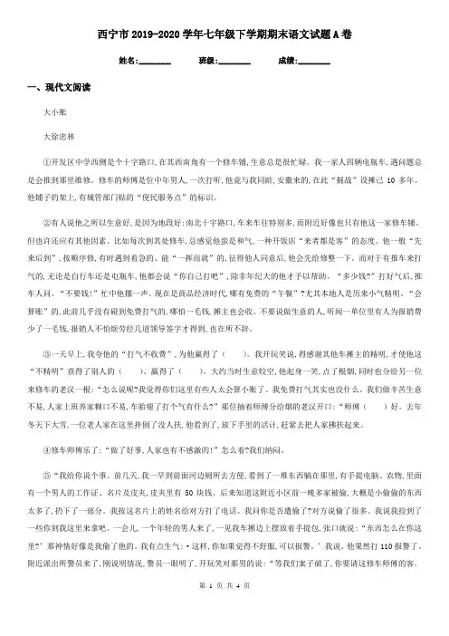 西宁市2019-2020学年七年级下学期期末语文试题A卷