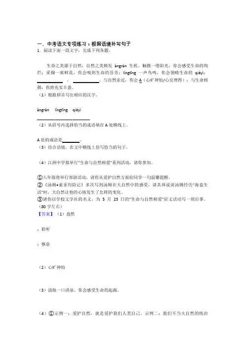 新人教版中考上学期语文根据语境补写句子专项训练含解析