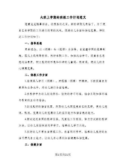 大班上学期的班级工作计划范文(4篇)