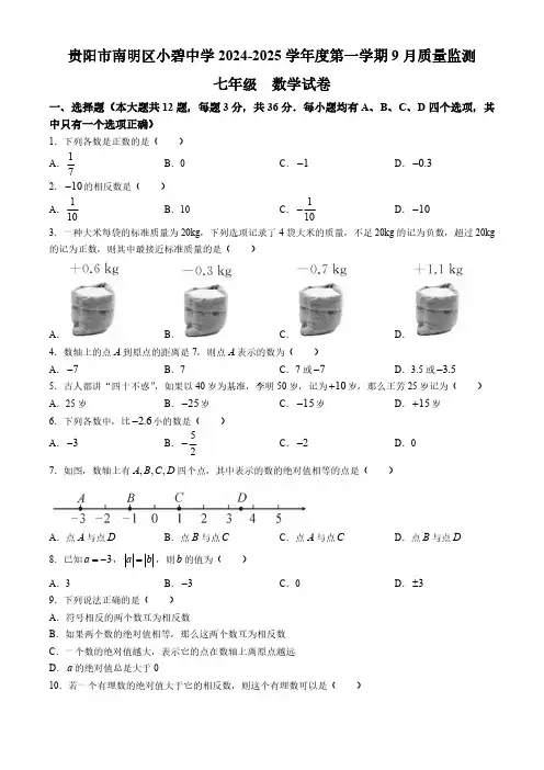 贵州省贵阳市南明区小碧中学2024-2025学年七年级上学期9月月考数学试题(含答案)
