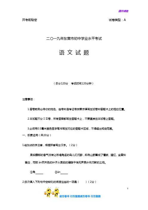 初中语文精排版 最新 精排版 ：090—2019年山东省东营市中考语文试题(word版,含答案)