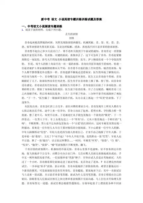 新中考 语文 小说阅读专题训练训练试题及答案