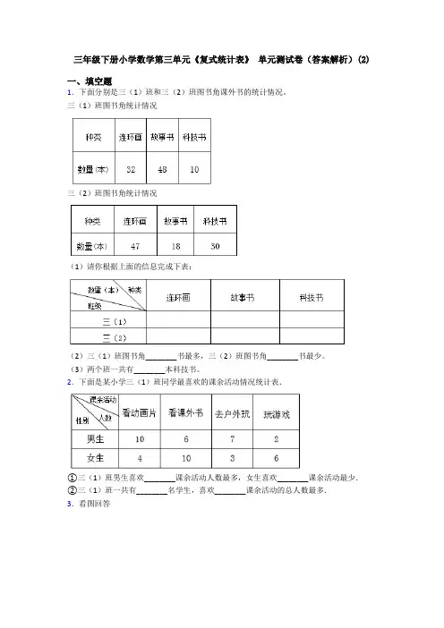 三年级下册小学数学第三单元《复式统计表》 单元测试卷(答案解析)(2)