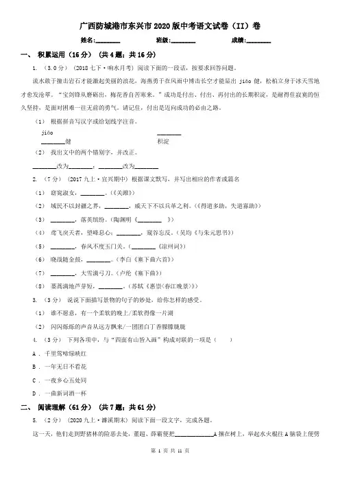 广西防城港市东兴市2020版中考语文试卷(II)卷