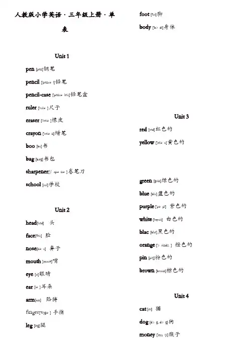 人教版PEP小学英语三年级·单词表(带有音标)