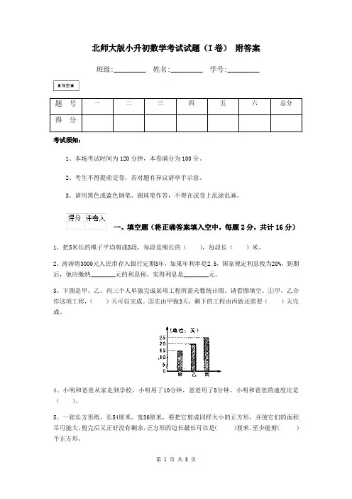北师大版小升初数学考试试题(I卷) 附答案