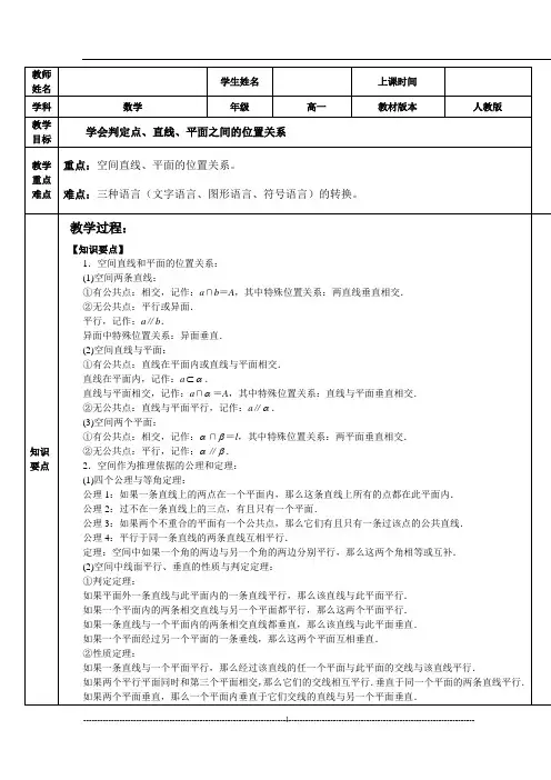 高中数学必修2  点、直线、平面之间的位置关系