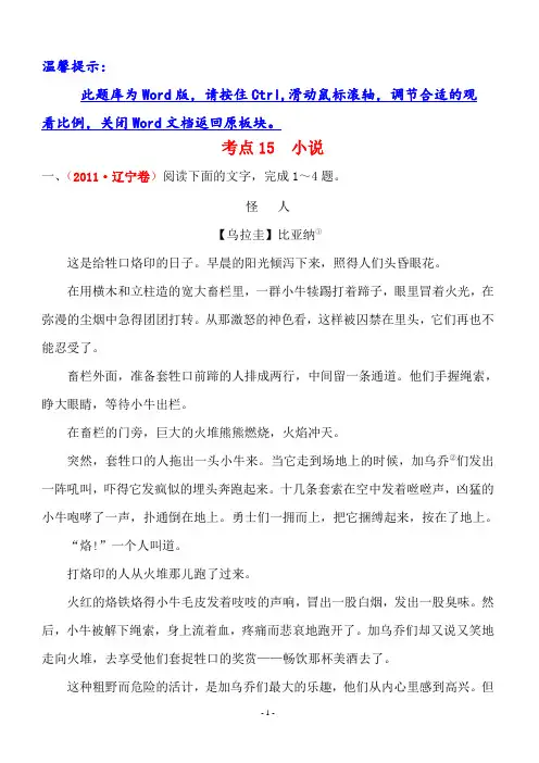2011年高考语文分类题库考点15小说(含答案解析)