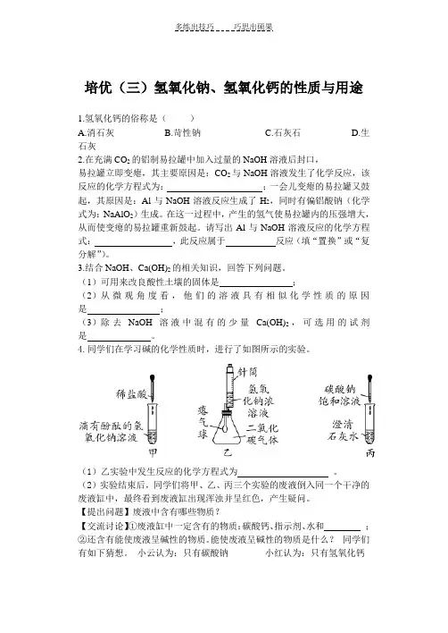 初中化学氢氧化钠氢氧化钙的性质与用途