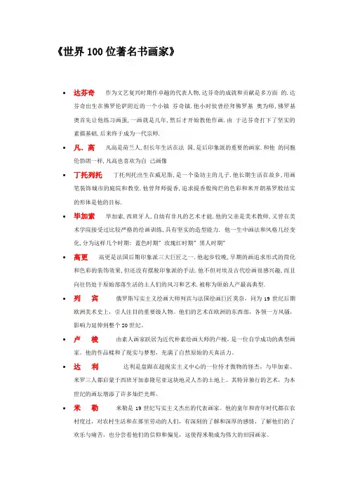 世界100位著名书画家 一句话介绍