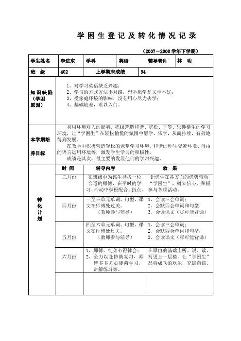 学困生登记及转化情况记录