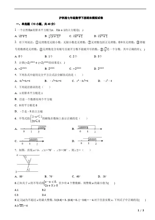 2023-2024学年沪科版七年级数学下册期末模拟试卷