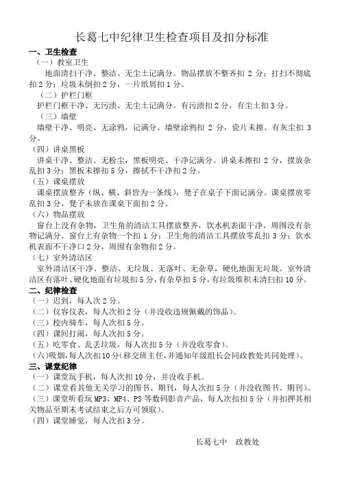 学校纪律卫生检查项目及扣分标准