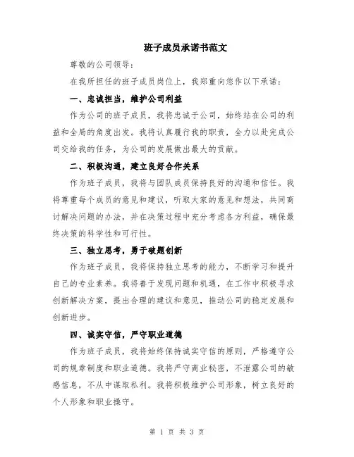 班子成员承诺书范文