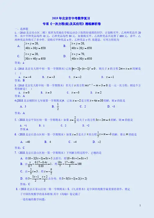 2019年北京市中考数学复习专项《一次方程(组)及其应用》精练解析卷