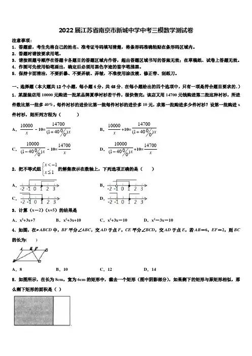 2022届江苏省南京市新城中学中考三模数学试题(含答案解析)