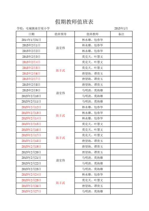 假期教师值班表2015.1