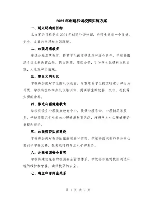 2024年创建和谐校园实施方案