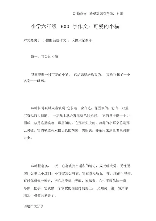 小学六年级600字作文：可爱的小猫
