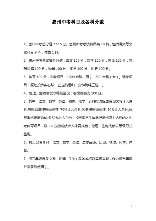 惠州中考科目及各科分数