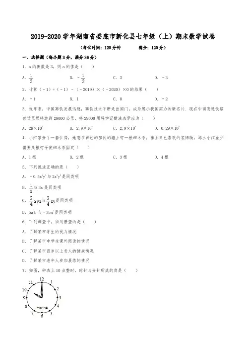 2019-2020学年湖南省娄底市新化县七年级(上)期末数学试卷
