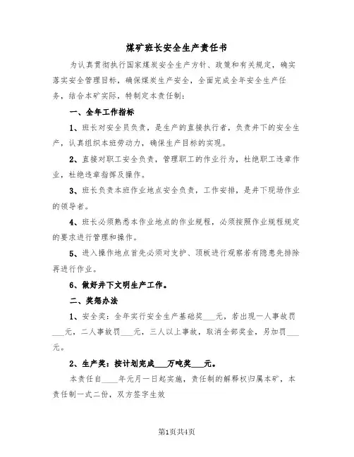 煤矿班长安全生产责任书（2篇）