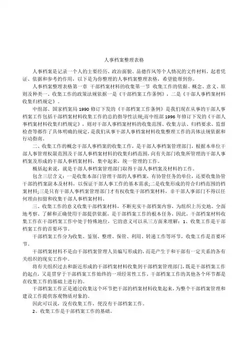 人事档案整理表格