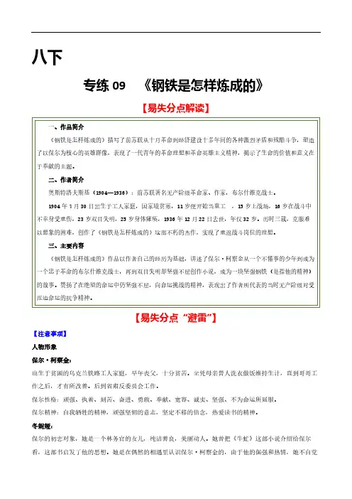 2021年中考语文名著导读专练-- 八下《钢铁是怎样炼成的》