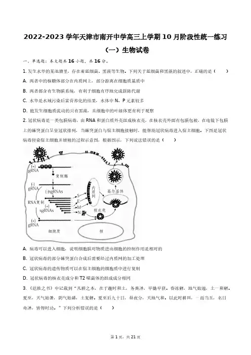 2022-2023学年天津市南开中学高三上学期10月阶段性统一练习(一)生物试卷+答案解析(附后)