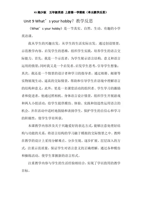 XS湘少版  五年级英语 上册第一学期秋(单元教学反思)Unit 9 What’s your hobby？