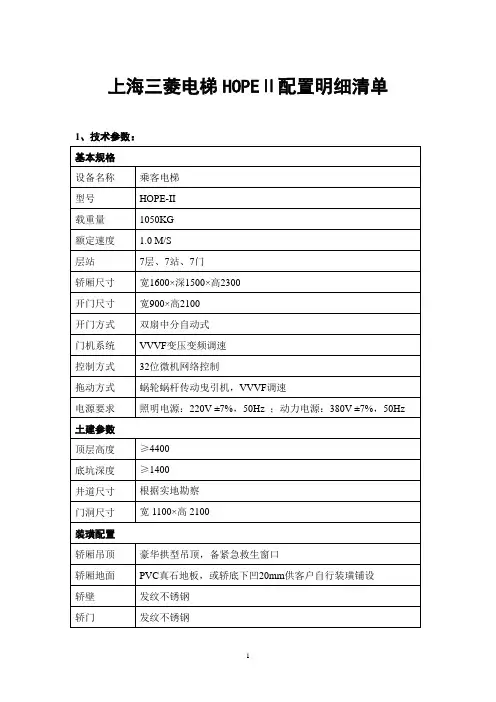上海三菱电梯HOPEⅡ配置明细清单