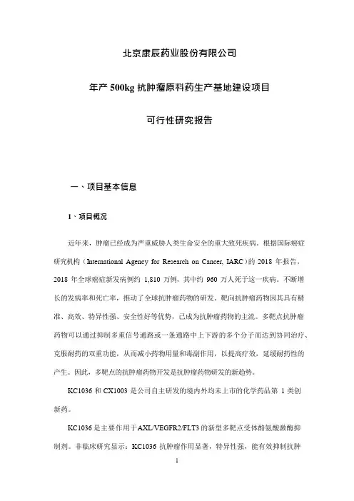 康辰药业年产500kg抗肿瘤原料药生产基地建设项目可行性研究报告
