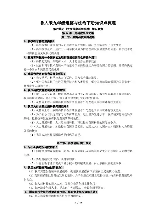 鲁人版九年级道德与法治下册知识点梳理
