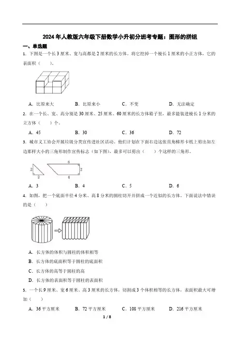 2024年人教版六年级下册数学小升初分班考专题：图形的拼组(含答案)