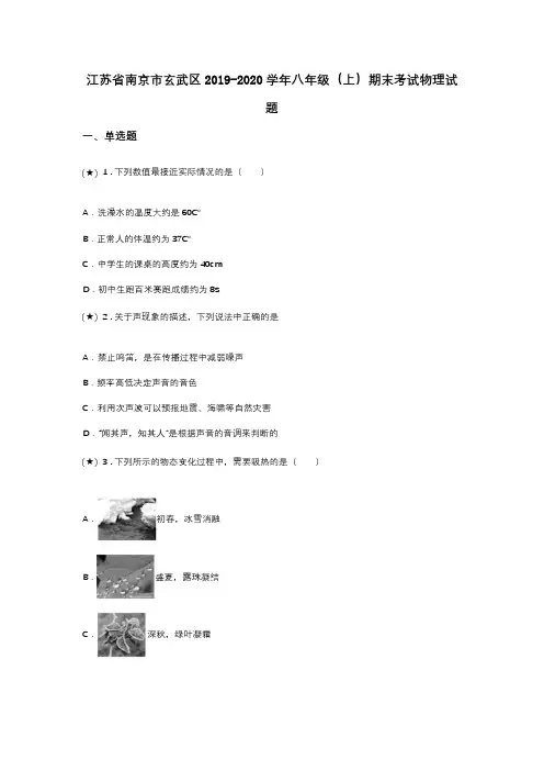 江苏省南京市玄武区2019-2020学年八年级(上)期末考试物理试题(word无答案)