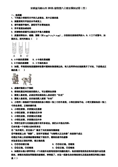 安徽省马鞍山市2021届物理八上期末模拟试卷(四)