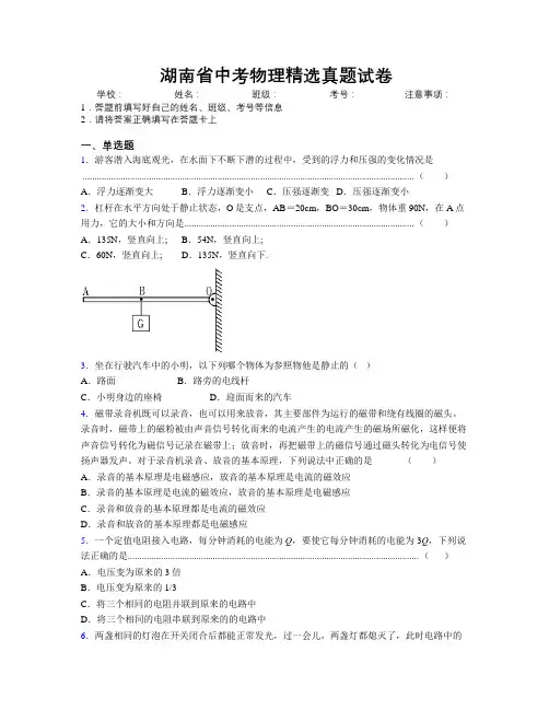 湖南省中考物理精选真题试卷附解析