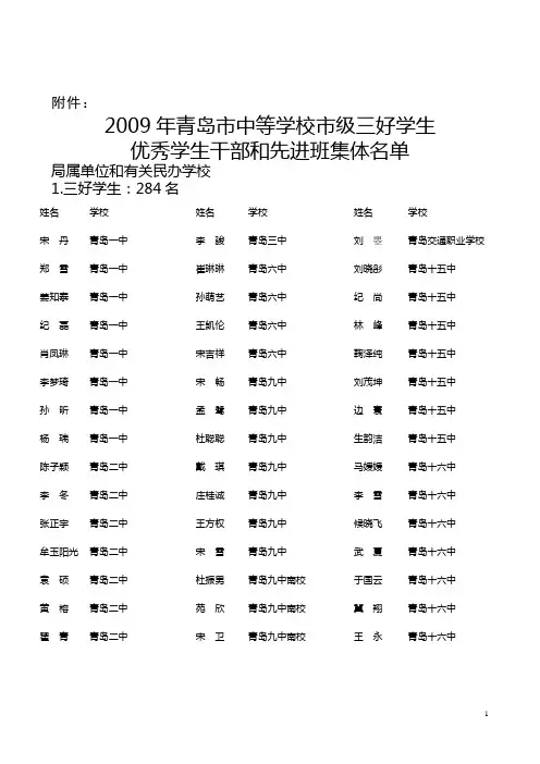 2009年青岛市中等学校市级三好学生优秀学生干部和先进班集体名单