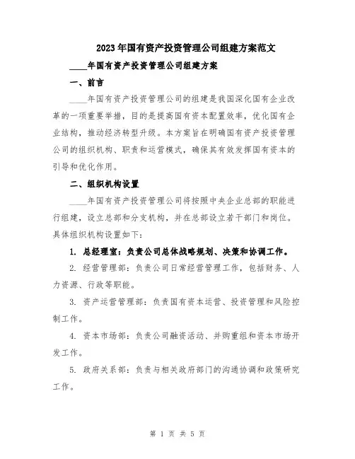 2023年国有资产投资管理公司组建方案范文