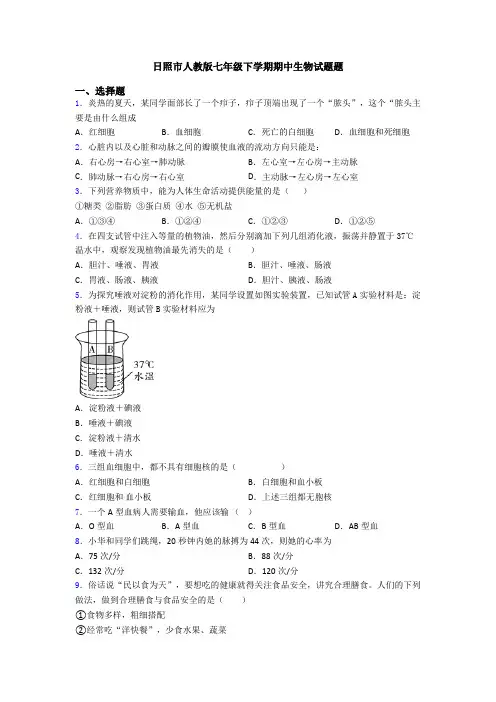 日照市人教版七年级下学期期中生物试题题