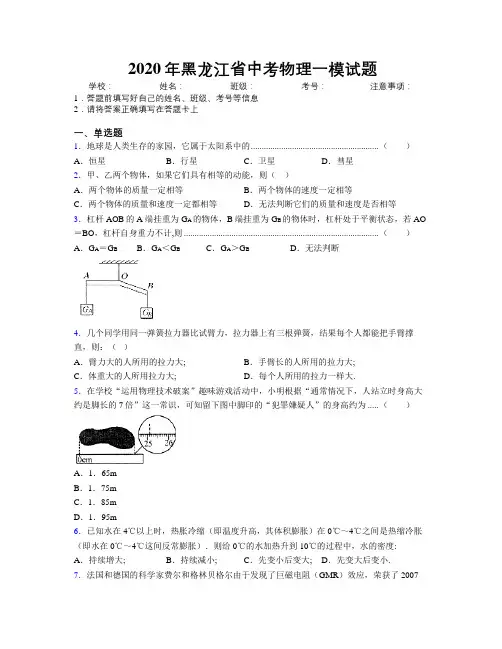 2020年黑龙江省中考物理一模试题附解析
