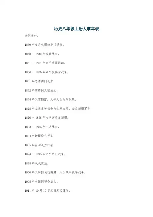 历史八年级上册大事年表