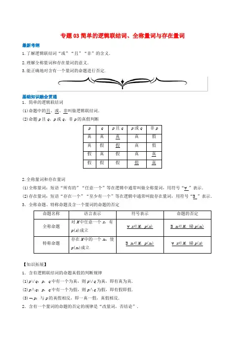 高考数学一轮复习专题03简单的逻辑联结词、全称量词与存在量词(含解析)