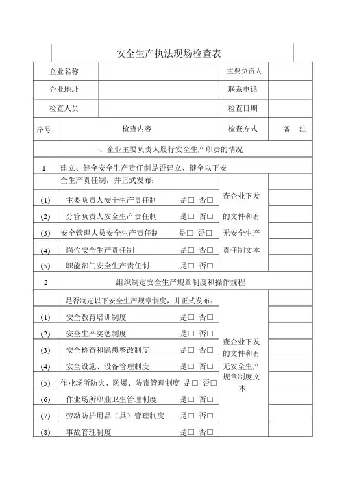 安全生产执法现场检查表