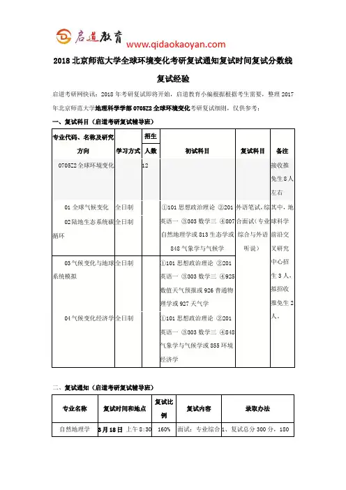 2018北京师范大学全球环境变化考研复试通知复试时间复试分数线复试经验