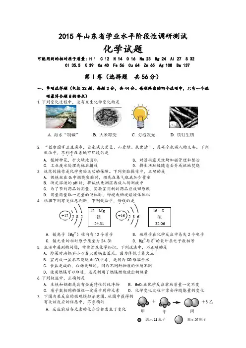 2015年山东省学业水平阶段性调研测试化学试题
