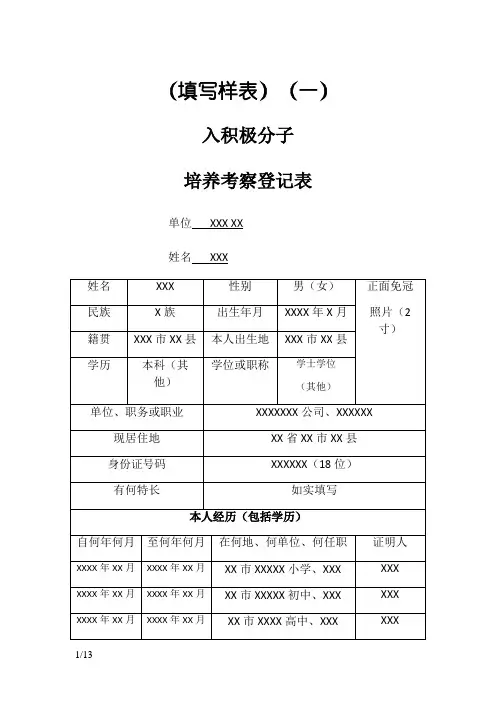 入党积极分子培养考察登记表(样表)