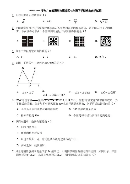 2023-2024学年广东省惠州市惠城区七年级下学期期末数学试题