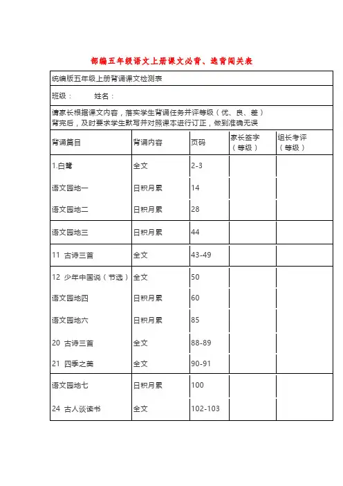 2022年部编版五年级语文全册(上册+下册)课文背诵闯关表