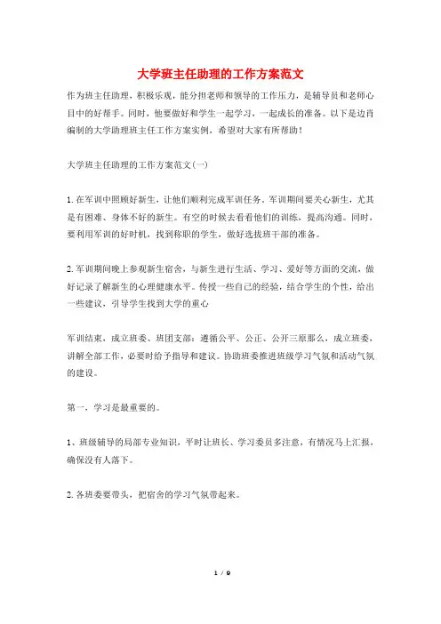 大学班主任助理的工作计划范文